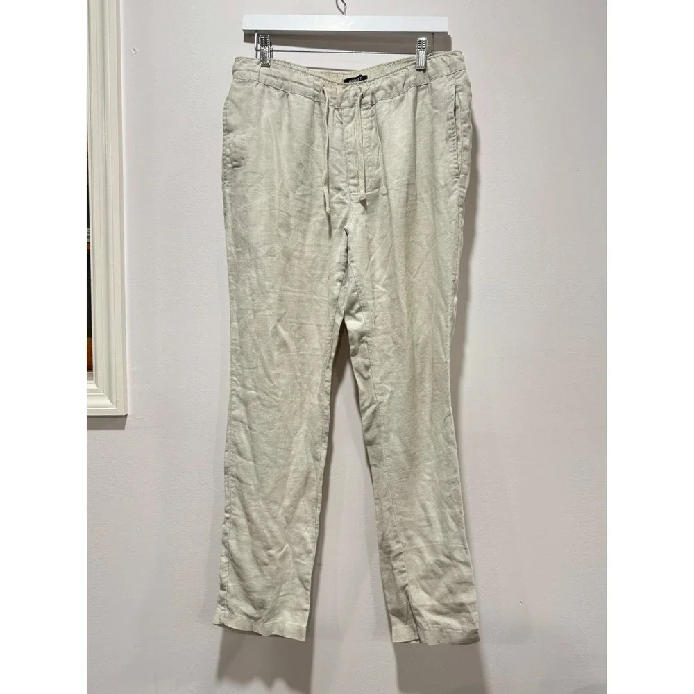 Forever 21 Men Beige 100% Linen Drawstring Elastic Waist Trousers Pants Small